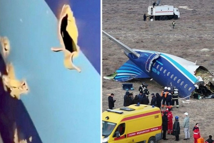 Chiếc máy bay bị gãy đôi, trên thân có các vết như lỗ đạn. Ảnh: Reuters