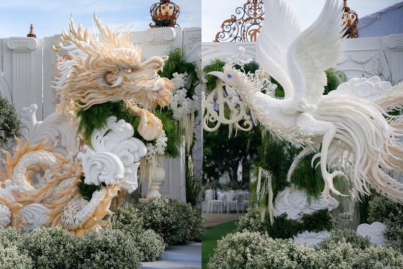 Cổng cưới mang tông màu trắng, sang trọng, có chiều dài hơn 16m, cao 4,5m, trọng lượng 2 biểu tượng Long - Phụng nặng khoảng 700kg. Ảnh: Vietnamnet.