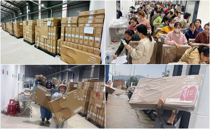 Công nhân vui mừng sau khi được tặng mỗi người một chiếc tivi mới. (Ảnh: Tuổi trẻ, Lao động, VietnamNet)