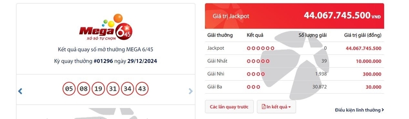 Kết quả xổ số Vietlott Mega 6/45 kỳ quay trước đó 29/12/2024