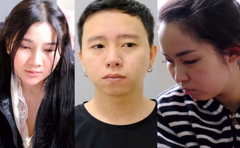 Huyền Trân (bên phải), Đinh Huỳnh Phúc và Bích tại cơ quan công an. (Ảnh: VnExpress)