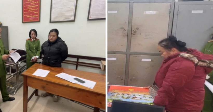 Hai đối tượng tại cơ quan công an. (Ảnh: Công an TP.Hà Nội)