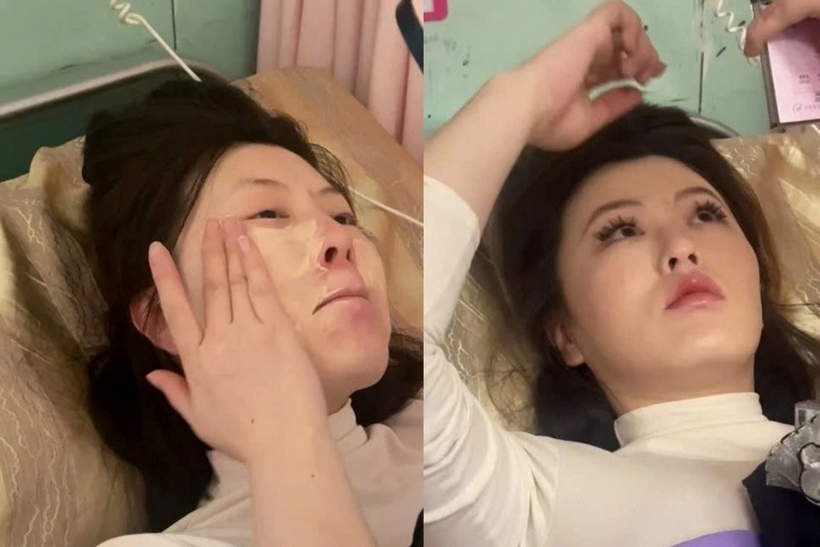 Sản phụ trang điểm gấp gáp trong lúc chịu đựng những cơn đau khi chuyển dạ.