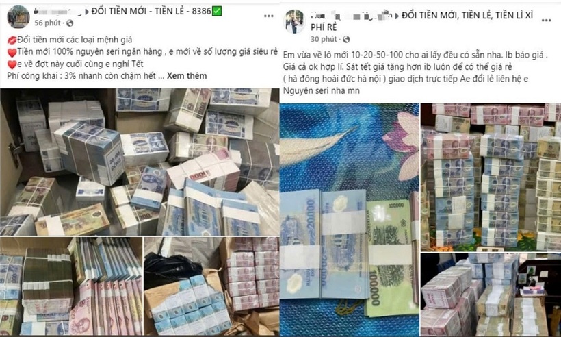 Trên các hội nhóm facebook, các đối tượng liên tục đăng bài quảng cáo, đổi tiền mới, tiền lẻ, ngoại tệ,… một cách công khai.