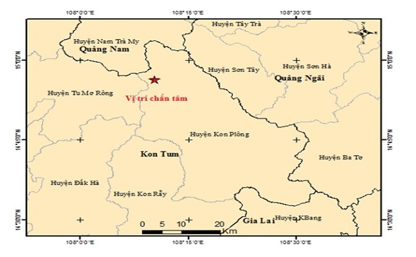 Vị trí xảy ra động đất liên tiếp ở Kon Tum.