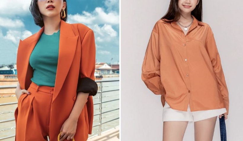 Với sắc cam đào, chiếc áo sơ mi vô cùng nổi bật.