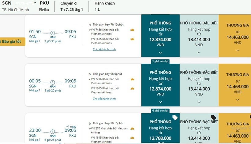 Nếu muốn bay từ TP.HCM về Pleiku ăn Tết, khách phải chấp nhận mua vé bay vòng qua Hà Nội với giá cao. Ảnh: VietNamnet