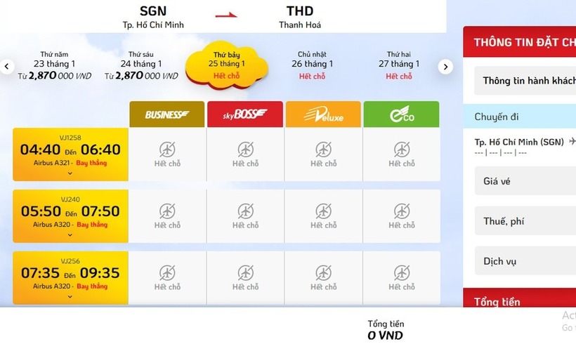 Chặng bay TP.HCM - Thanh Hóa không còn vé từ ngày 25-27/1. Ảnh: VietNamnet