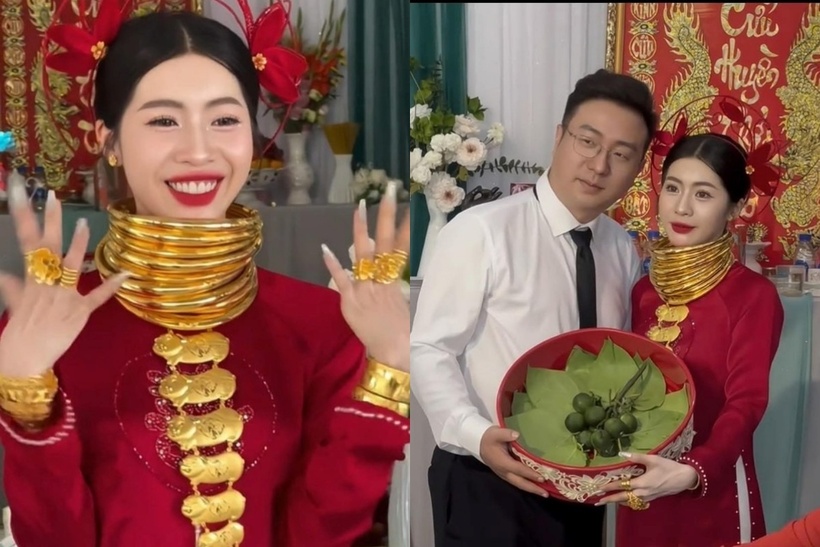Cô dâu được gia đình hai bên trao vàng trĩu cổ, cổ tay, ngón tay. Ảnh: Tri thức và Cuộc sống.