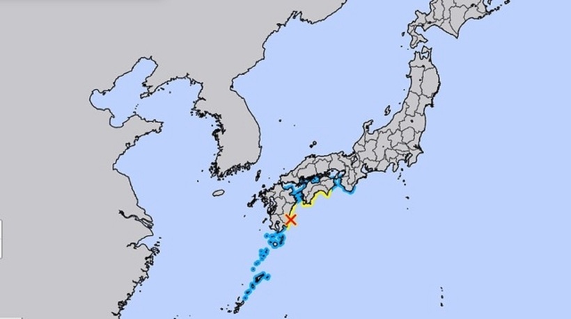 Các khu vực có cảnh báo sóng thần (màu vàng) sau trận động đất. Ảnh: Cơ quan Khí tượng Nhật Bản (JMA)
