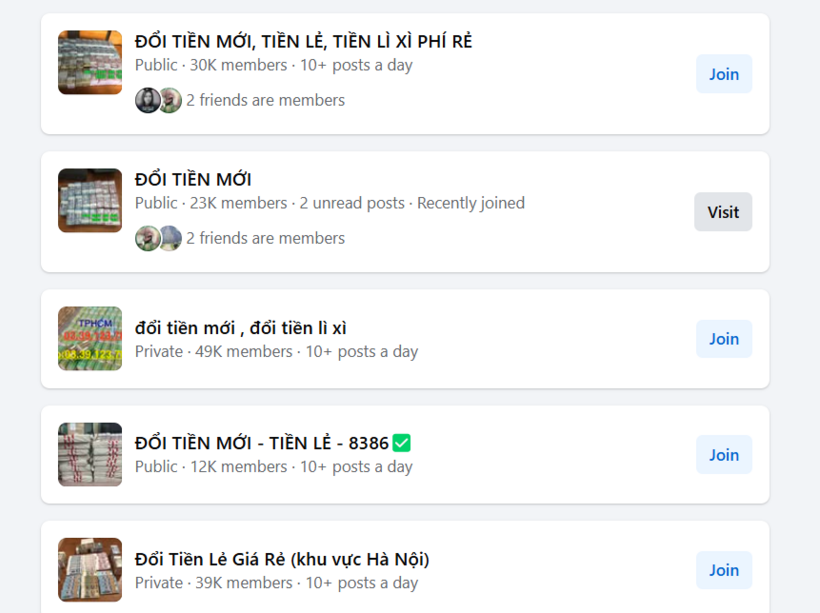 Nhan nhản các hội nhóm đổi tiền lẻ, đổi tiền mới trên mạng xã hội.