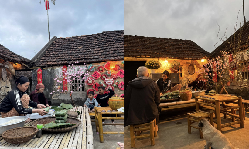 Góc nhà nhỏ được bạn trẻ trang trí những chi tiết mang đậm nét đặc trưng của tết Bắc Bộ xưa như: cây nêu, tràng pháo, câu đối đỏ,…