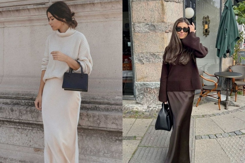 Áo len dệt kim với váy dài dưới đầu gối.