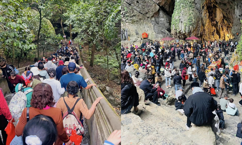 Từ sáng sớm, người dân đã nô nức đến dự lễ khai hội và dâng hương, vãn cảnh tại Di tích chùa Hương.