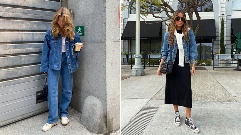 Áo khoác denim jacket phối layer cùng váy sweaterdress.