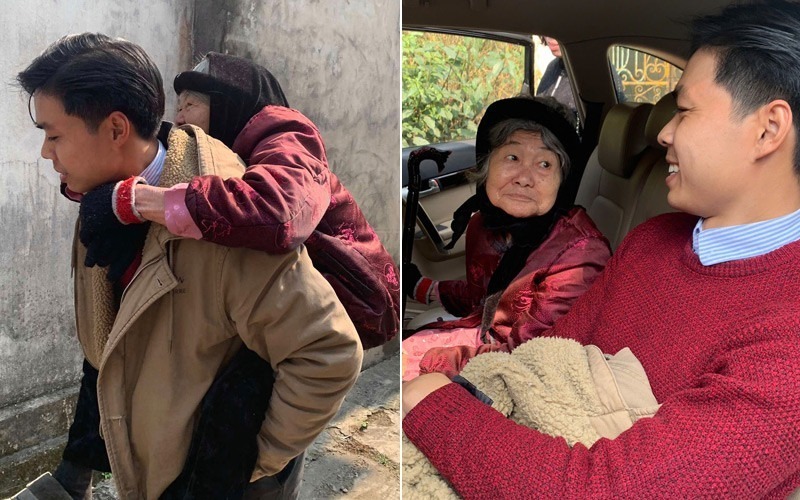 Anh Sơn Hải cõng bà ngoại từ trong nhà ra đầu ngõ, rồi cả gia đình đi ô tô sang nhà cụ Chuyên. Ảnh: Vietnamnet.