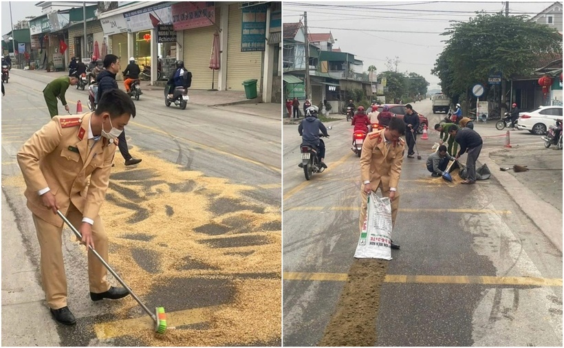 Cảnh sát dùng vỏ trấu xử lý vệt dầu loang trên quốc lộ 15. (Ảnh: Công an Đức Thọ)