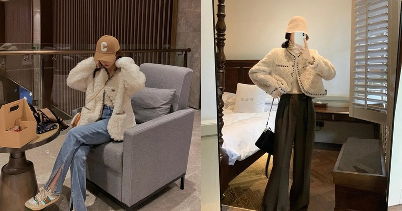 Kết hợp áo khoác lông với quần ống rộng tạo sự thoải mái và dễ di chuyển.