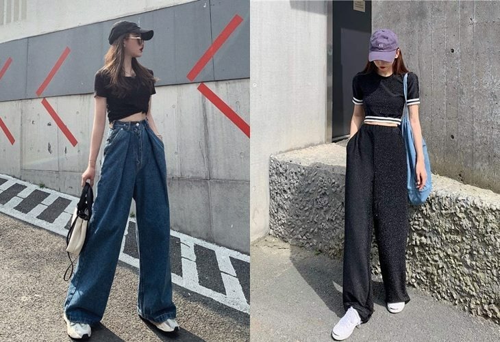Những chiếc áo dáng lửng hoặc áo nhấn eo khi diện cùng quần ống rộng sẽ giúp bạn "ăn gian" chiều cao và trông thanh mảnh hơn.