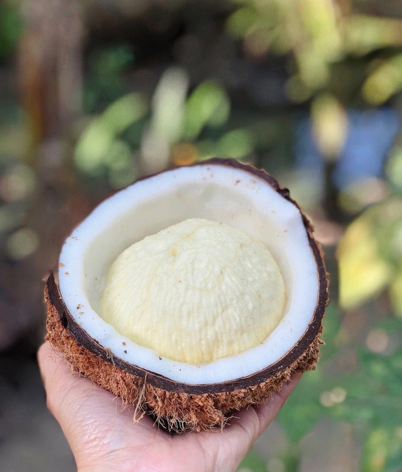 Mộng dừa khi ăn có vị ngọt mát lan tỏa, cảm giác xốp giòn tan trên đầu lưỡi, cùng hương thơm dừa thoang thoảng, quyến rũ.