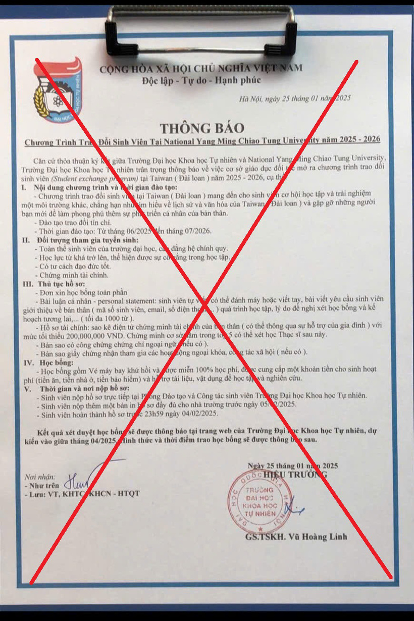 Văn bản thông báo giả mạo Trường đại học Khoa học tự nhiên, Đại học Quốc gia Hà Nội. (Ảnh: Tuổi trẻ)