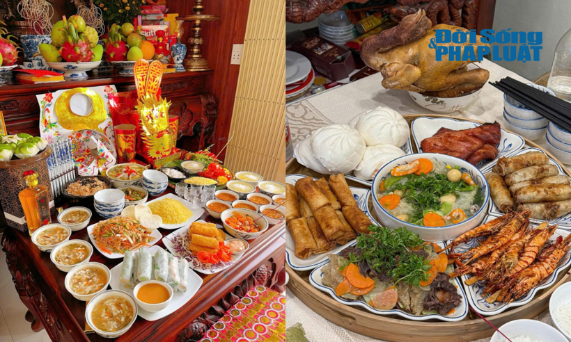 Các mâm cỗ chay, mặn được nhiều gia đình chuẩn bị tươm tất để cúng rằm tháng Giêng
