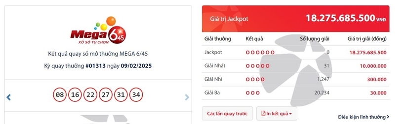 Kết quả xổ số Vietlott Mega 6/45 kỳ quay trước đó 9/2/2025.