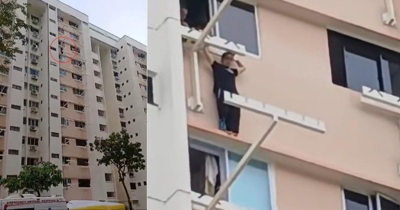 Một người đàn ông bên trong căn hộ đang cố gắng nắm lấy tay người phụ nữ để hỗ trợ. Ảnh: Saostar.