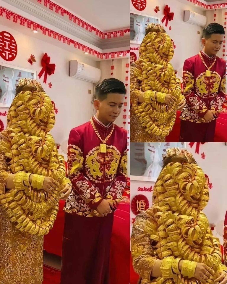 Hình ảnh cô dâu đeo vòng vàng khắp từ đầu đến chân được đăng tải lên mạng xã hội.