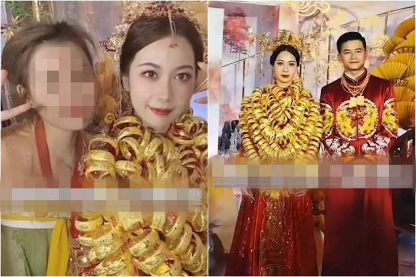 Vợ chồng cô dâu được tặng 60 vòng vàng.