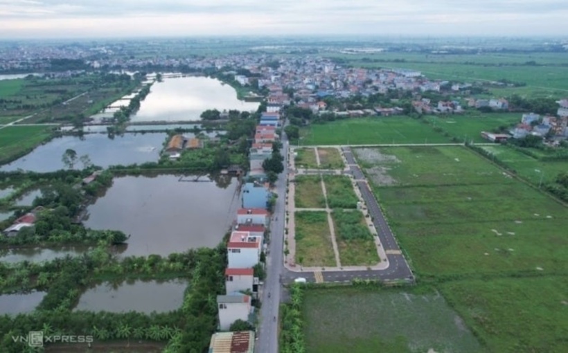 Khu đất đấu giá tại thôn Thanh Thần, xã Thanh Cao, huyện Thanh Oai nhìn từ trên cao. Ảnh: VnExpress.