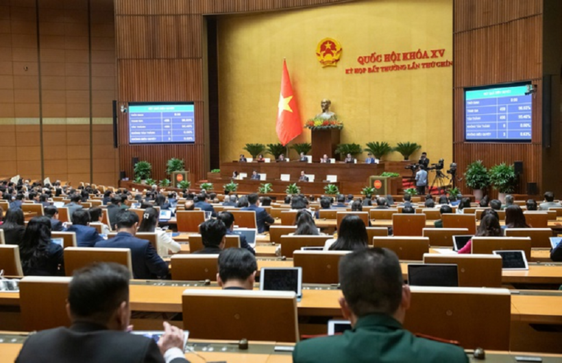 Quốc hội biểu quyết thông qua Nghị quyết quy định về xử lý một số vấn đề liên quan đến sắp xếp tổ chức bộ máy Nhà nước sáng 19/2 (Ảnh: Media Quốc hội).