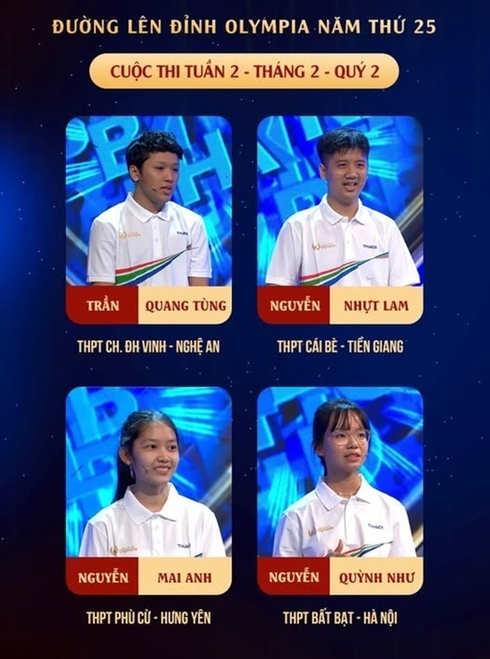 4 thí sinh trong cuộc thi Tuần 2 - Tháng 2 - Quý 2 chương trình Đường Lên Đỉnh Olympia năm thứ 25. Ảnh: Báo Tiền phong.