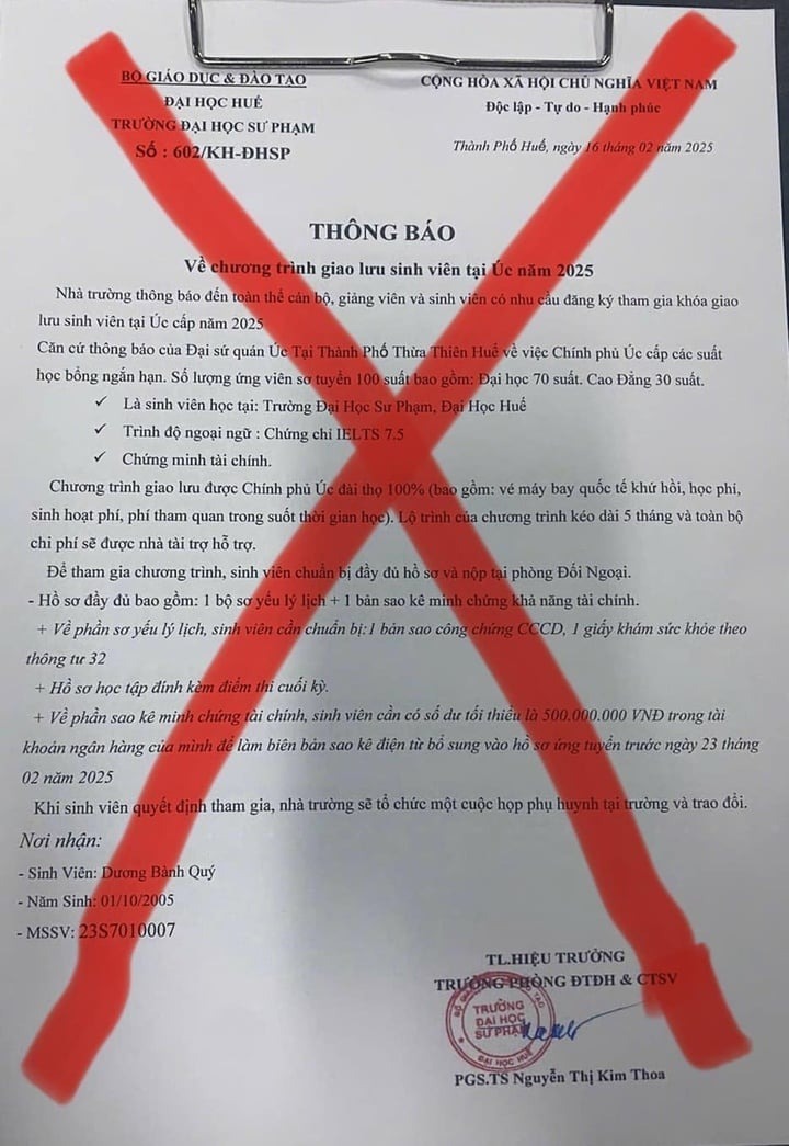 Văn bản mạo danh trường Đại học Sư phạm - Đại học Huế thông báo chương trình giao lưu sinh viên tại Australia. Ảnh: Lao động