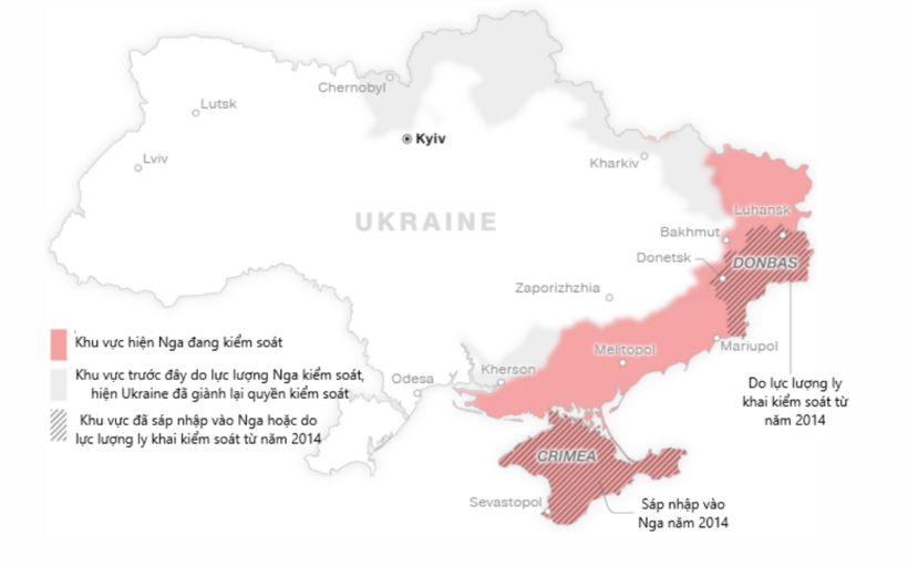 Ukraine đã mất quyền kiểm soát khoảng 11% lãnh thổ kể từ khi xung đột bùng nổ. Ảnh: CNN (Dữ liệu tính đến 15h ngày 20/2 theo giờ miền Đông)