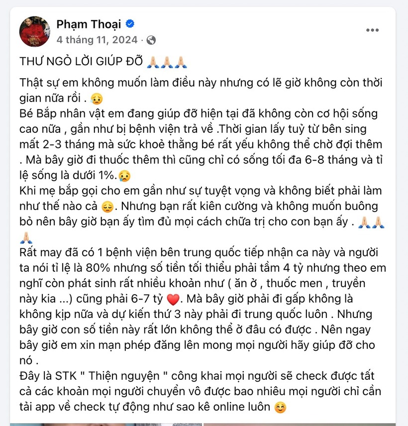 Bài đăng trên mạng xã hội kêu gọi giúp đỡ gia đình mẹ bé Bắp