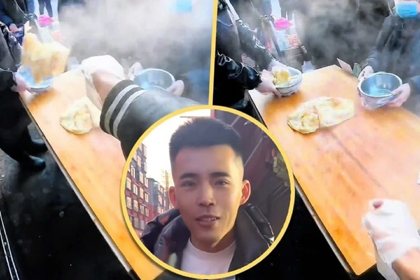 Chàng trai khiến khách hàng thích thú với màn cắt, xoay và ném bánh điêu luyện. Ảnh: SCMP/ZNews