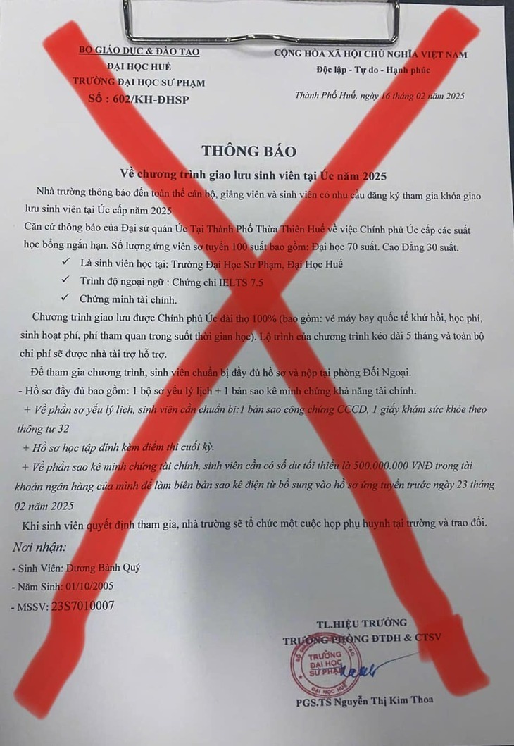 Thông báo giả mạo Trường đại học Sư phạm (Đại học Huế) về việc yêu cầu sinh viên, giảng viên nhà trường sao kê tài khoản nếu muốn tham gia chương trình giao lưu sinh viên do Chính phủ Úc tài trợ - Ảnh: Tuổi trẻ Online