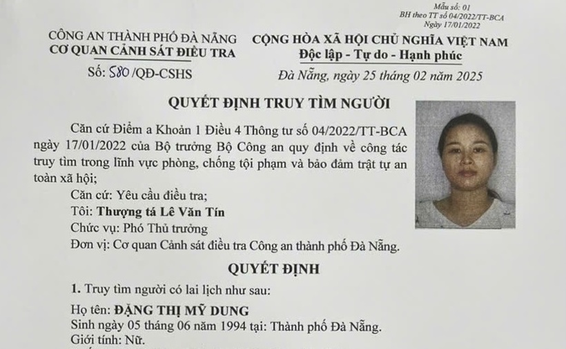 Quyết định truy tìm của cơ quan công an. (Ảnh Công an Đà Nẵng)