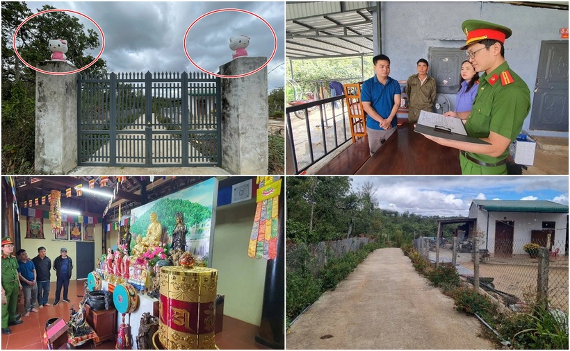 Bên ngoài đường vào các tịnh thất, các đối tượng xây cổng cao, phía trên có tượng mèo Hello Kitty. (Ảnh: Dân trí)