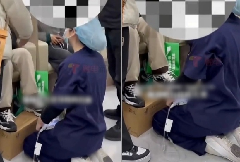 Nữ y tá quỳ xuống đất, cầu xin bệnh nhân tha thứ cho sự vụng về của mình. Ảnh: Weibo.