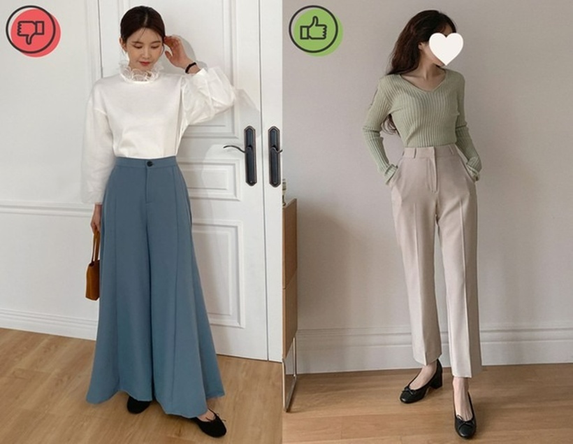 Khi quần ống loe quá dài, chúng che phủ hoàn toàn giày, tạo cảm giác nặng nề và khiến đôi chân trông ngắn hơn.