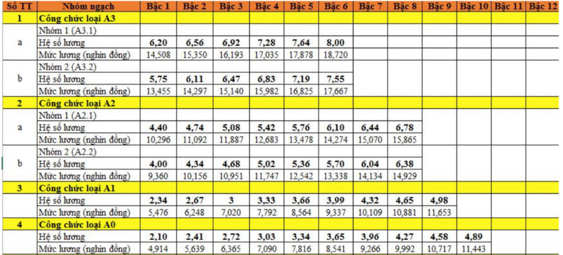 Tiền lương của công chức, viên chức năm 2025 sẽ được tính theo bảng trên. Ảnh: Dân Việt