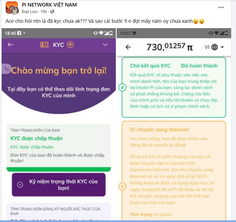 Một số "Pi thủ" đã chờ đợi nhiều năm nhưng vẫn chưa thể thực hiện xong các bước KYC. Ảnh chụp màn hình.