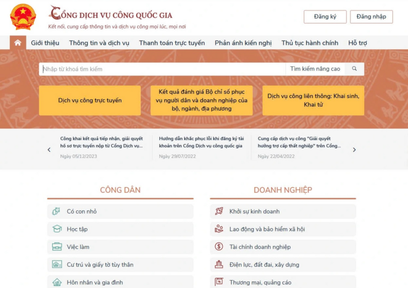 Giao diện của Cổng dịch vụ công quốc gia. Ảnh: Dân Trí