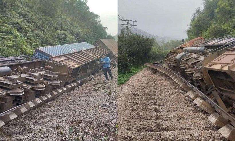 3 toa của tàu hàng HH62 bị lật, 70m đường ray hư hỏng sau va chạm với xe tải vào tối 1/3.