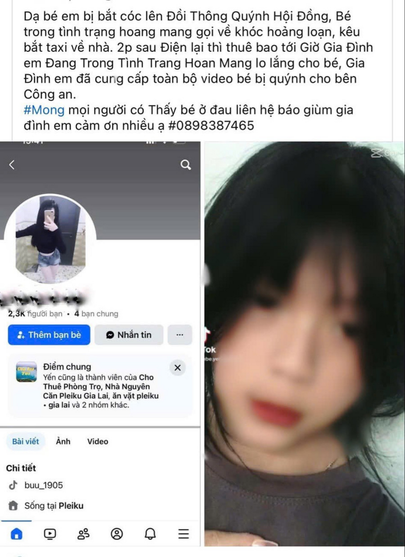 Gia đình lo lắng đăng thông tin tìm em Y. lên mạng xã hội Facebook. Ảnh: Báo Gia Lai
