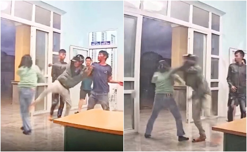 Thời điểm nữ nhân viên y tế bị nhóm người đàn ông vây đánh. (Ảnh: PLO)