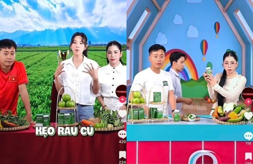 Hoa hậu Nguyễn Thúc Thùy Tiên cùng Hằng Du Mục và Quang Linh Vlogs quảng cáo cho kẹo rau củ. (Ảnh: Chụp màn hình)