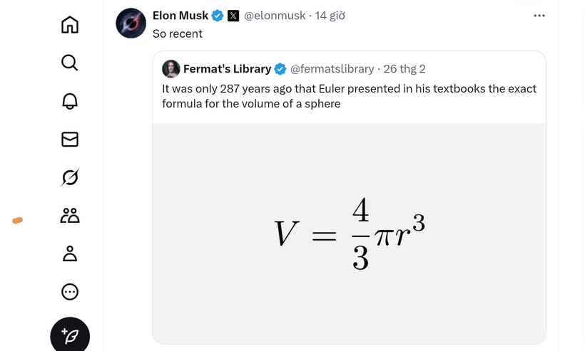 Tài khoản X của tỷ phú Elon Musk đăng lại một bài viết có số Pi.